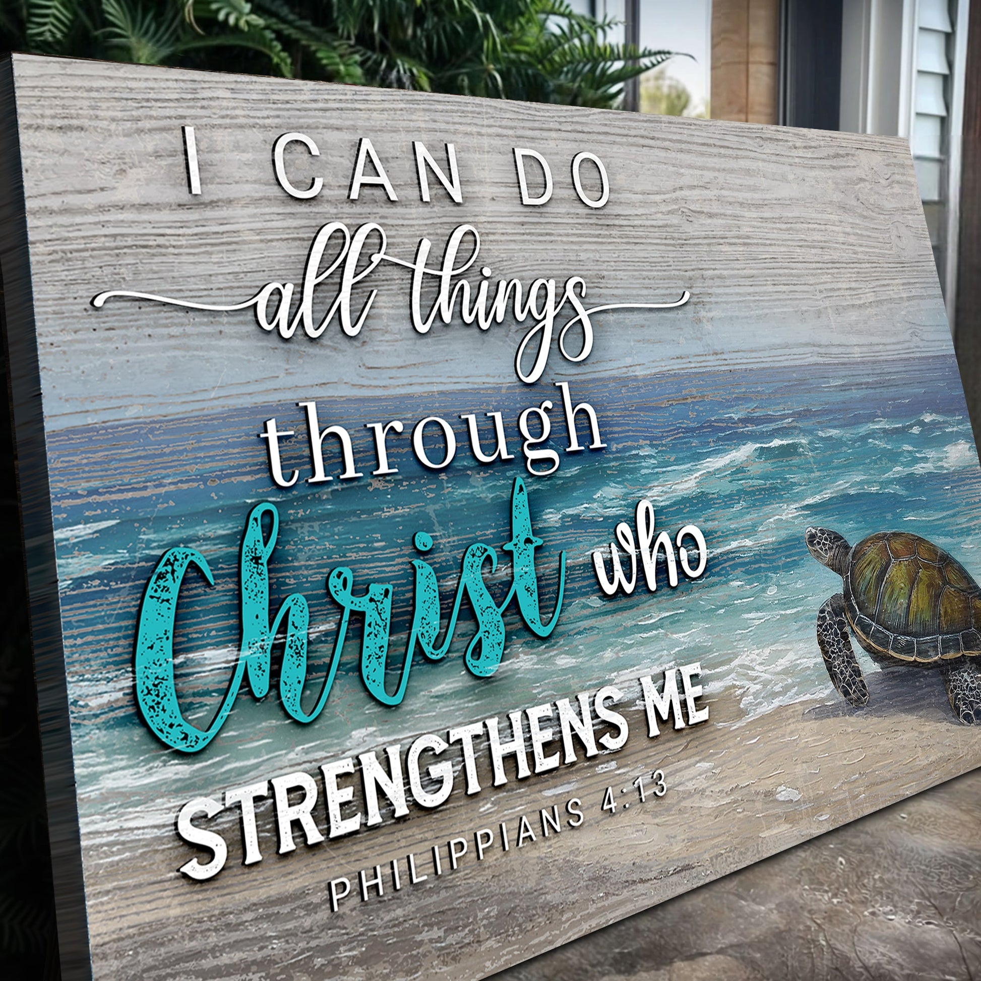 Canvas Faith Sign IV by Tailored Canvases with rustic wood backdrop and Christ text on Tampa Home & Garden Store