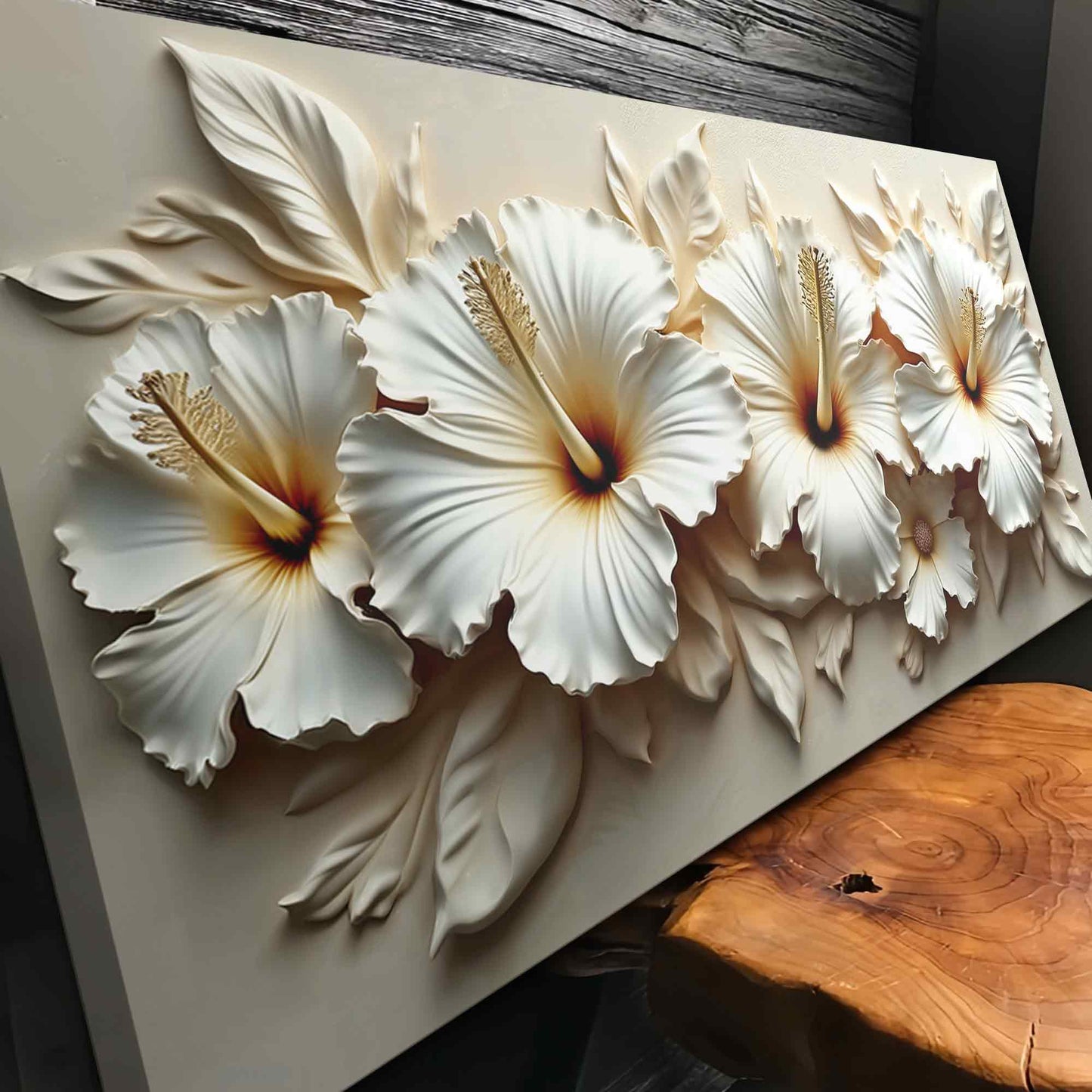 Floral Abstract Wall Art VII canvas by Tailored Canvases; white hibiscus blooms on cream canvas on Tampa Home & Garden Store