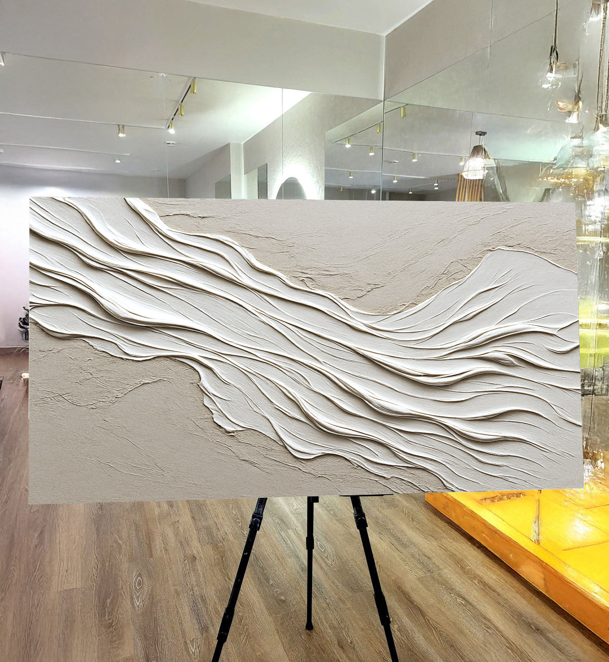 Minimalist Wall Art IV canvas by Tailored Canvases with textured white wave relief on beige background on Tampa Home & Garden Store