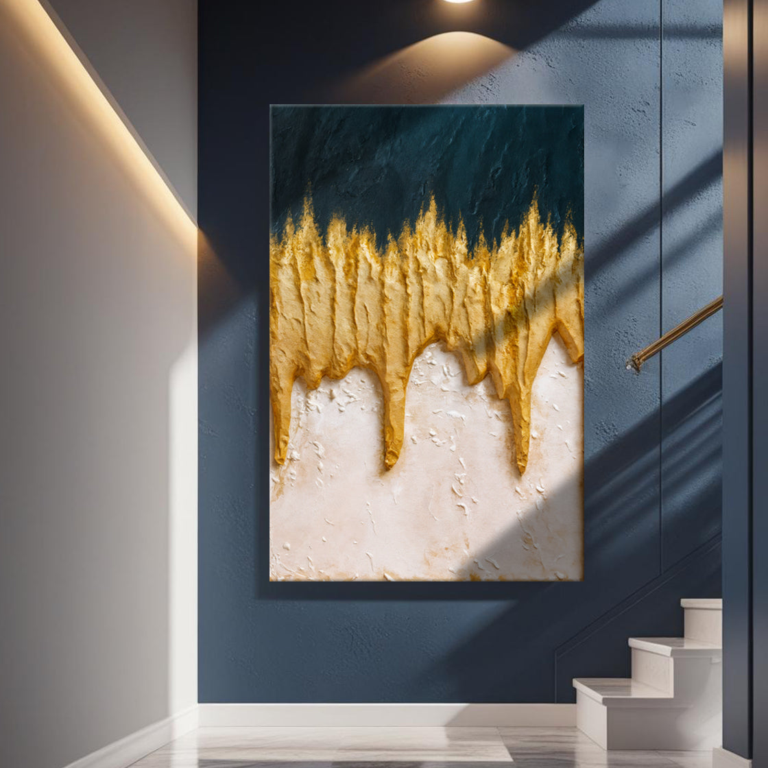 Abstract Blue And Gold Wall Art canvas by Tailored Canvases with blue top and gold drips on Tampa Home & Garden Store