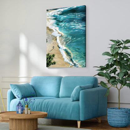 Beachfront Painting Wall Art II canvas Tailored Canvases; turquoise waves over shore 2 beachgoers on Tampa Home & Garden Store
