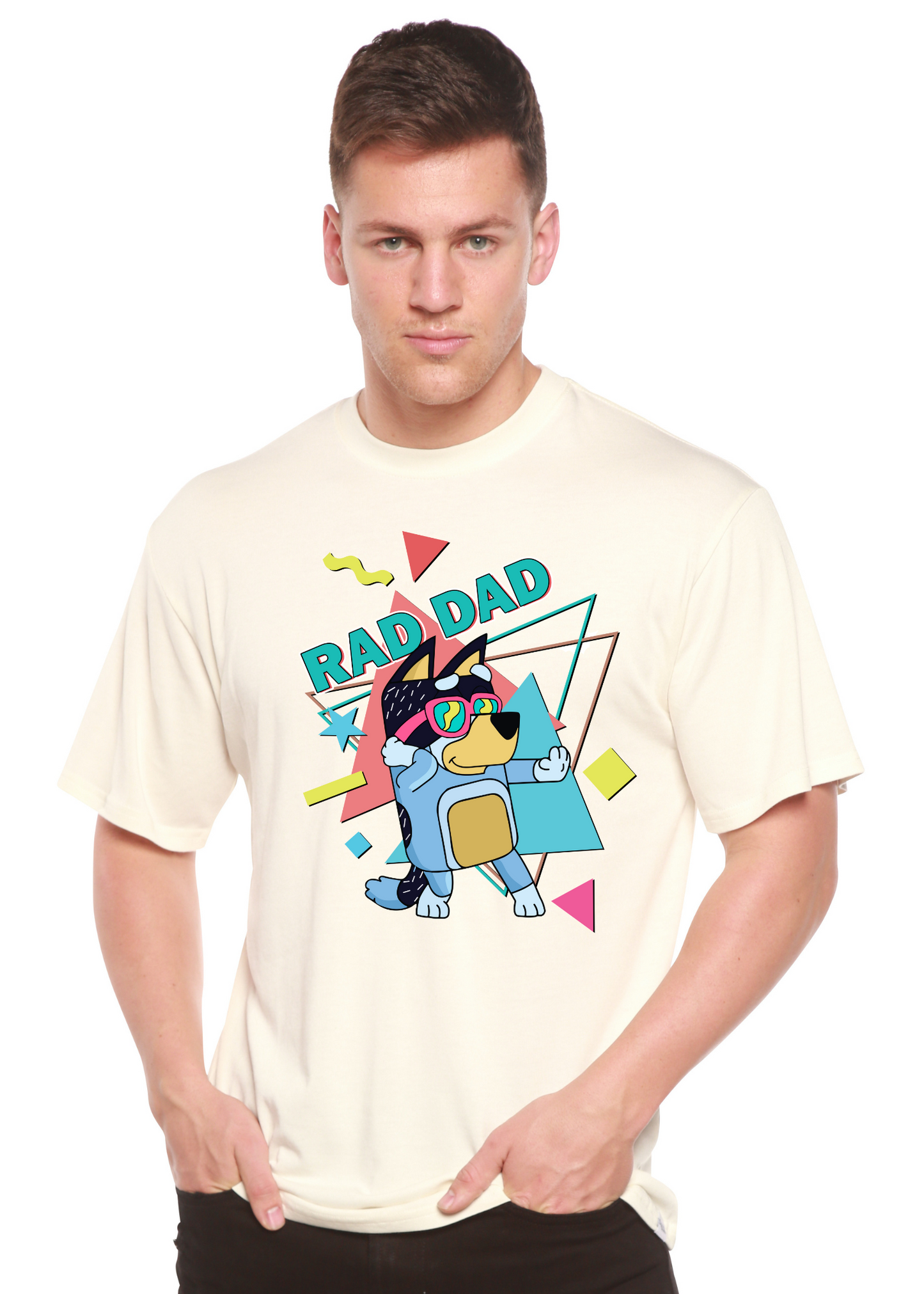 Mens cream bamboo short sleeve graphic tee Rad Dad Bluey design on Tampa Home & Garden Store