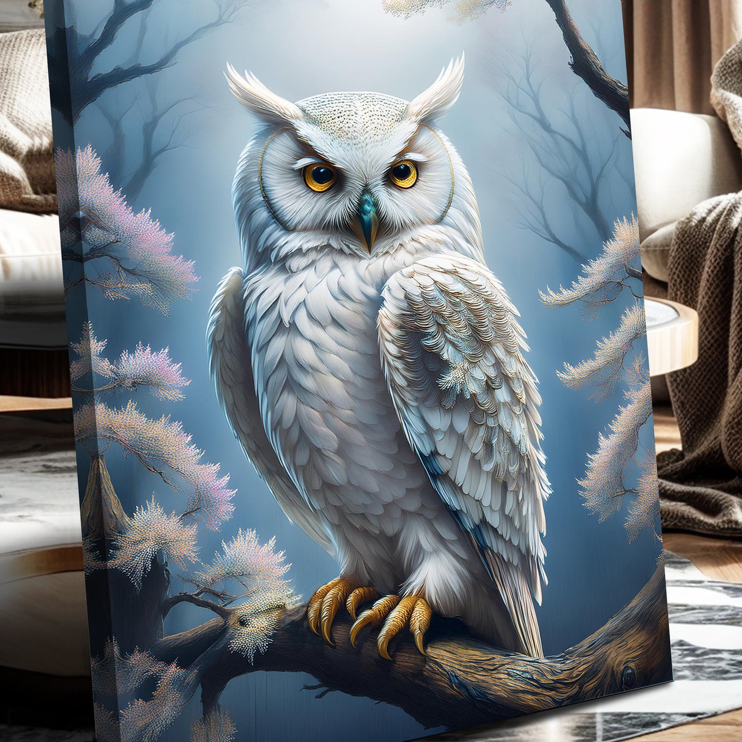 Owl Wall Art II canvas by Tailored Canvases, white owl on blue background with golden beak on Tampa Home & Garden Store