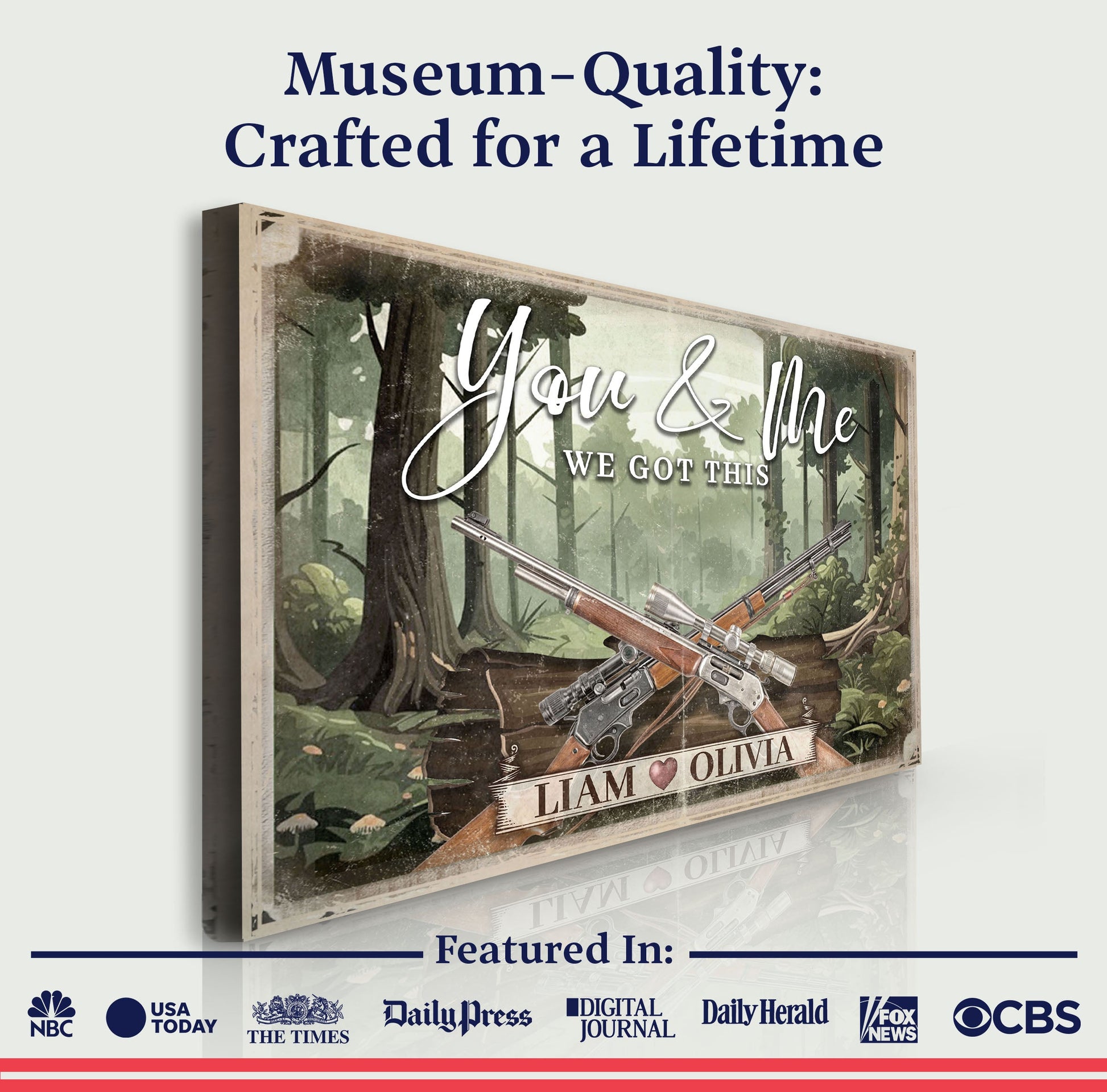 Canvas: gun-themed couple sign with rifles over forest backdrop, Liam & Olivia, Tailored Canvases on Tampa Home & Garden Store
