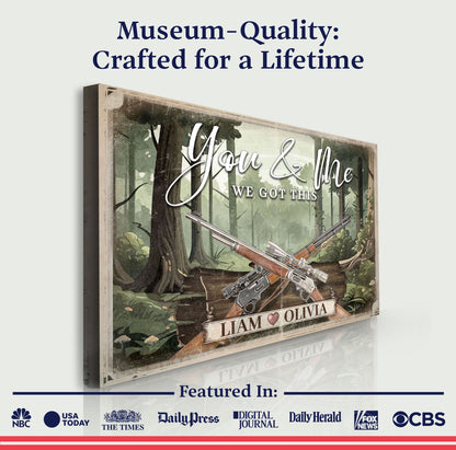 Canvas: gun-themed couple sign with rifles over forest backdrop, Liam & Olivia, Tailored Canvases on Tampa Home & Garden Store
