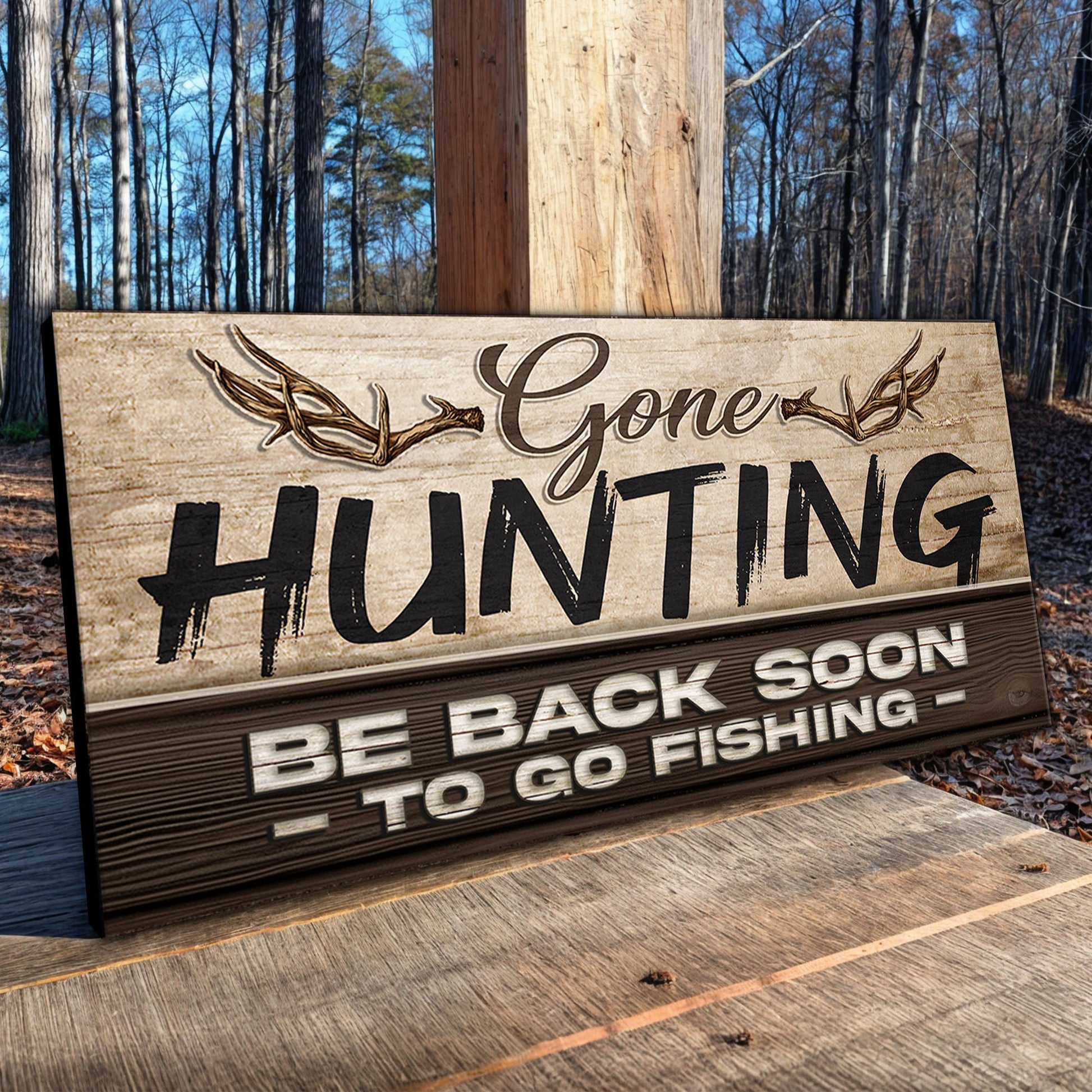 Gone Hunting Sign II canvas crafting sign with rustic wood panel and deer antler motif on Tampa Home & Garden Store