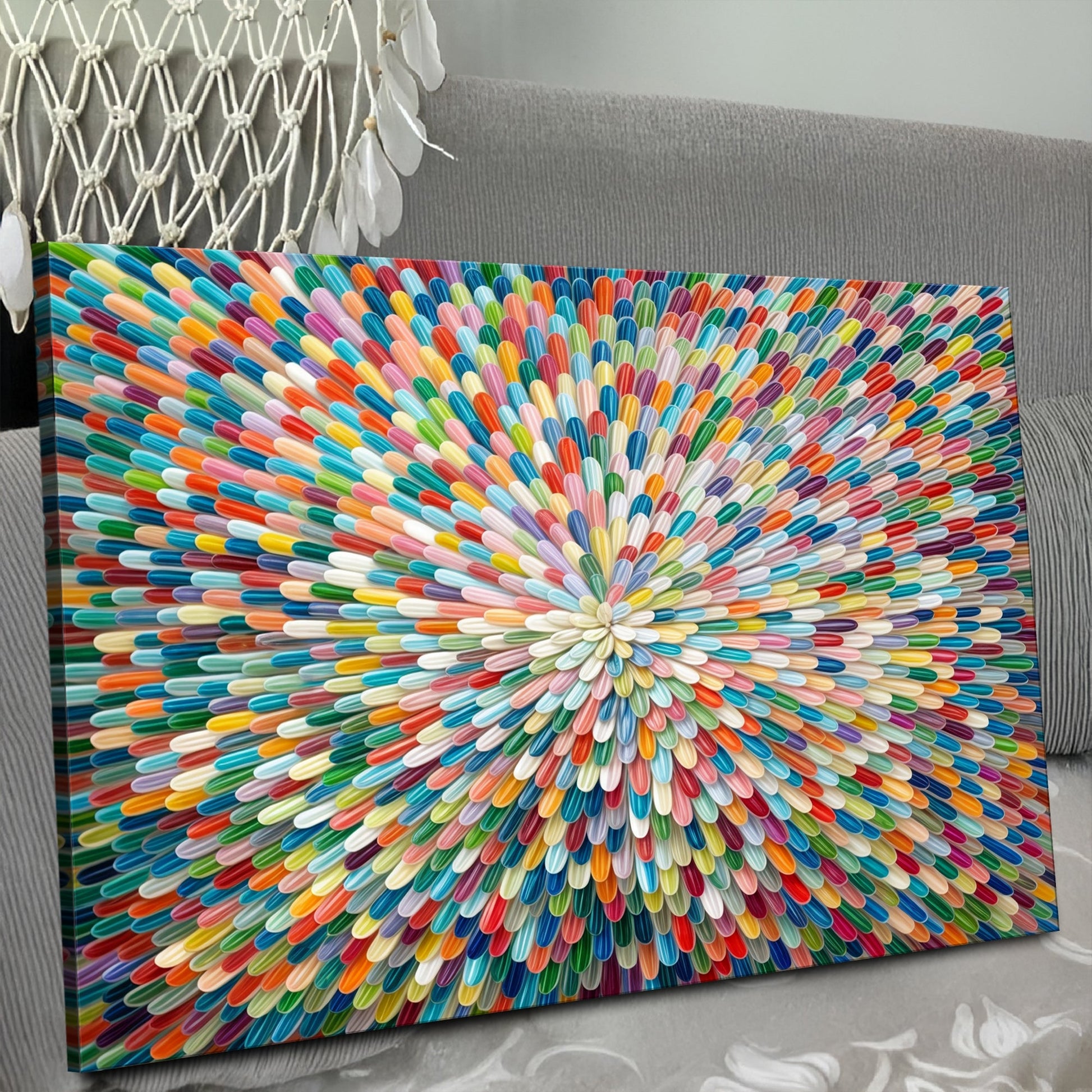 Radiant Bloom Abstract Wall Art canvas by Tailored Canvases with colorful petal shapes on Tampa Home & Garden Store