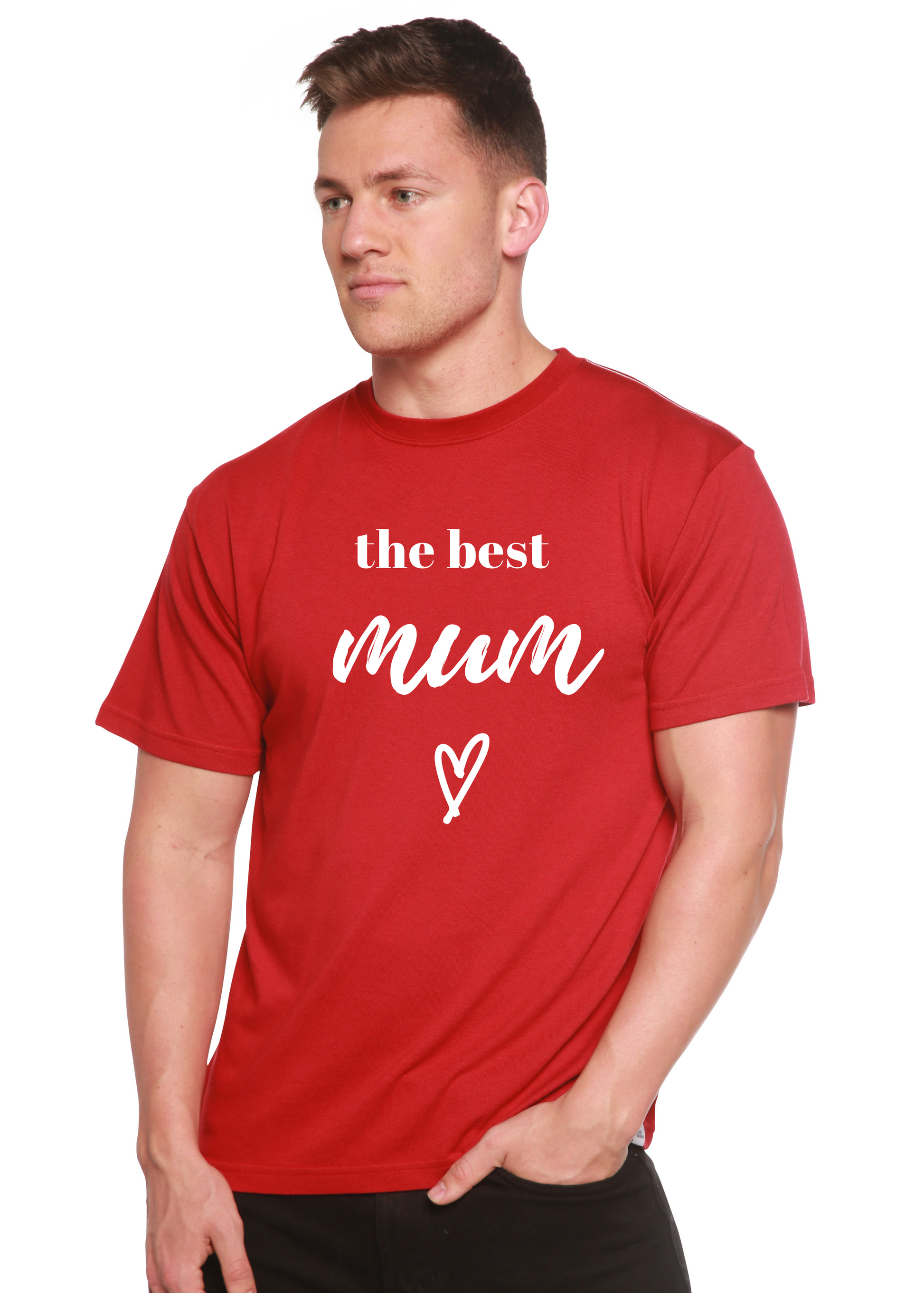 Spun Bamboo unisex red bamboo viscose organic cotton short sleeve T-shirt with white mum script heart on Tampa Home & Garden Store