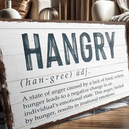 Hangry Kitchen Sign II canvas featuring distressed white wood plank and blue lettering on Tampa Home & Garden Store