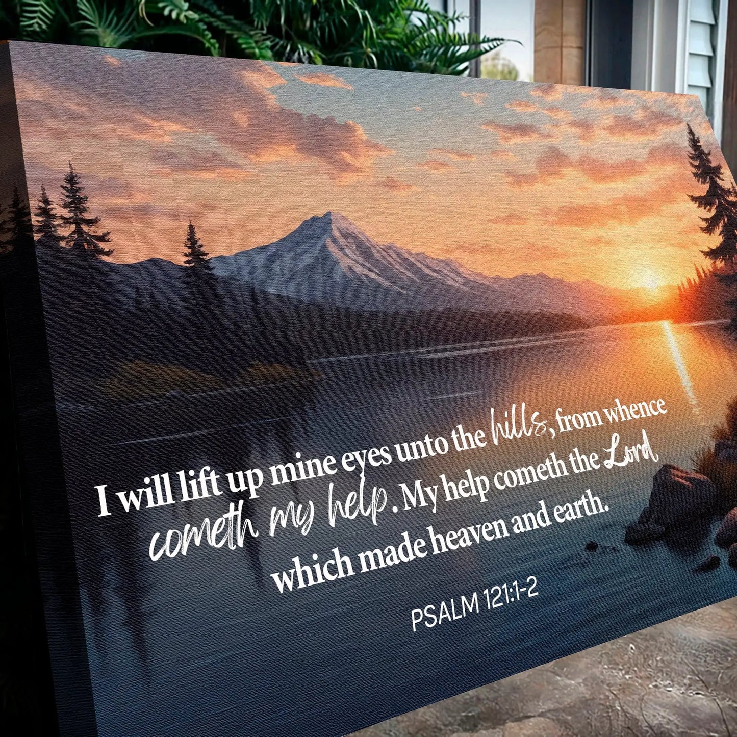 Psalm 121:1-2 faith wall sign canvas by Tailored Canvases, sunset mountain scene on Tampa Home & Garden Store