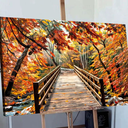 Crossing Autumn Wall Art canvas by Tailored Canvases in fall colors with a wooden bridge on Tampa Home & Garden Store