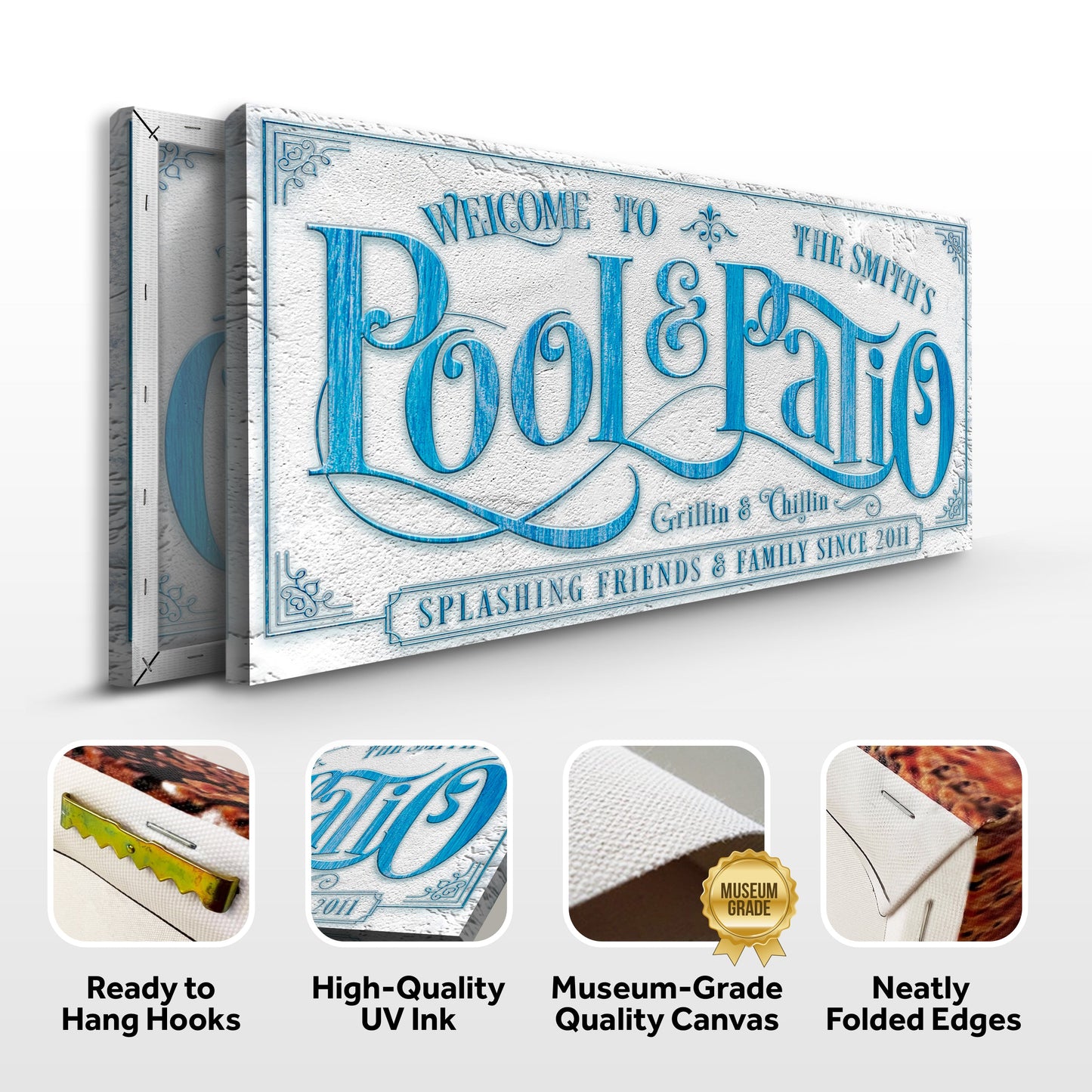 Personalized Swimming Pool Sign canvas by Tailored Canvases with blue script on textured white on Tampa Home & Garden Store