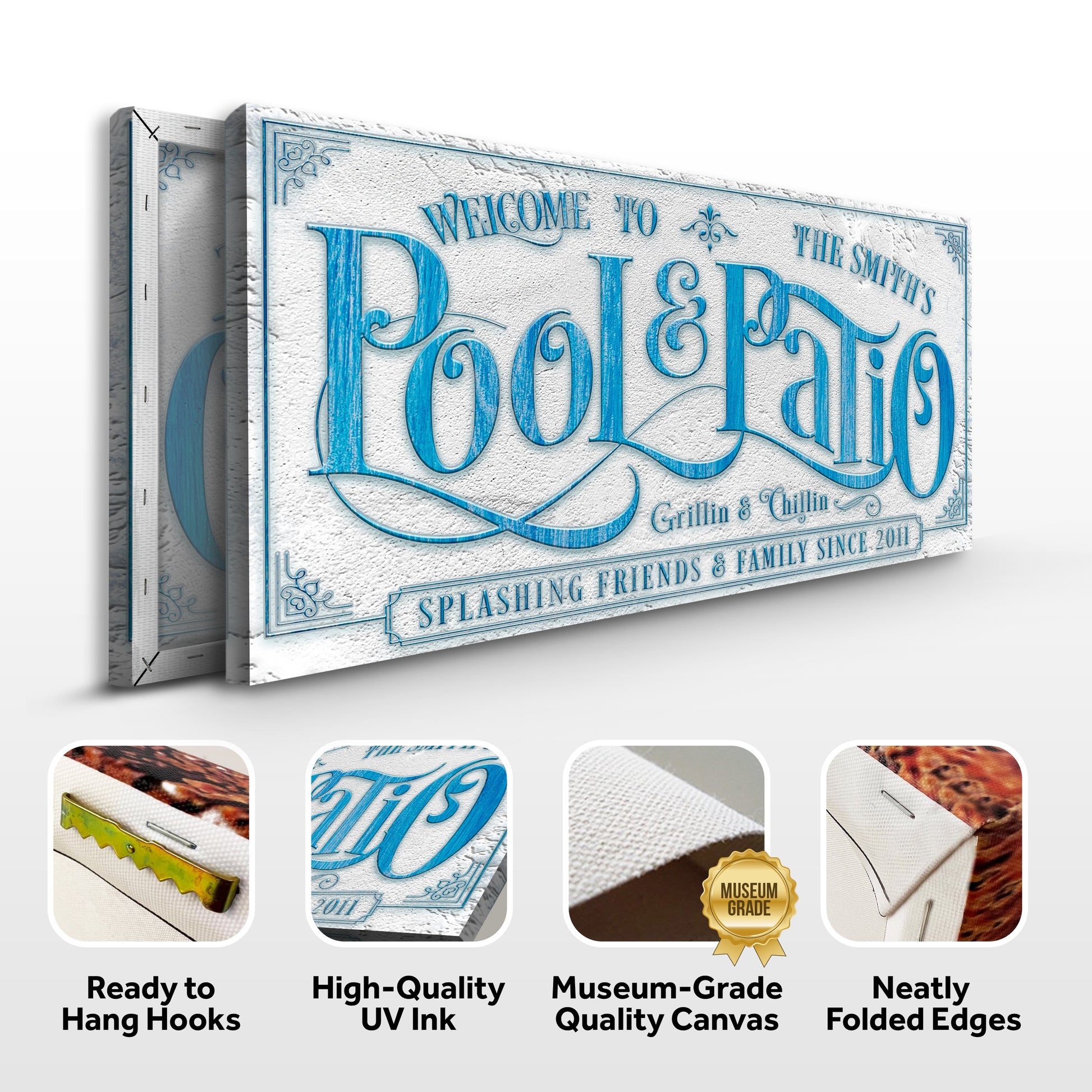 Personalized Swimming Pool Sign canvas by Tailored Canvases with blue script on textured white on Tampa Home & Garden Store