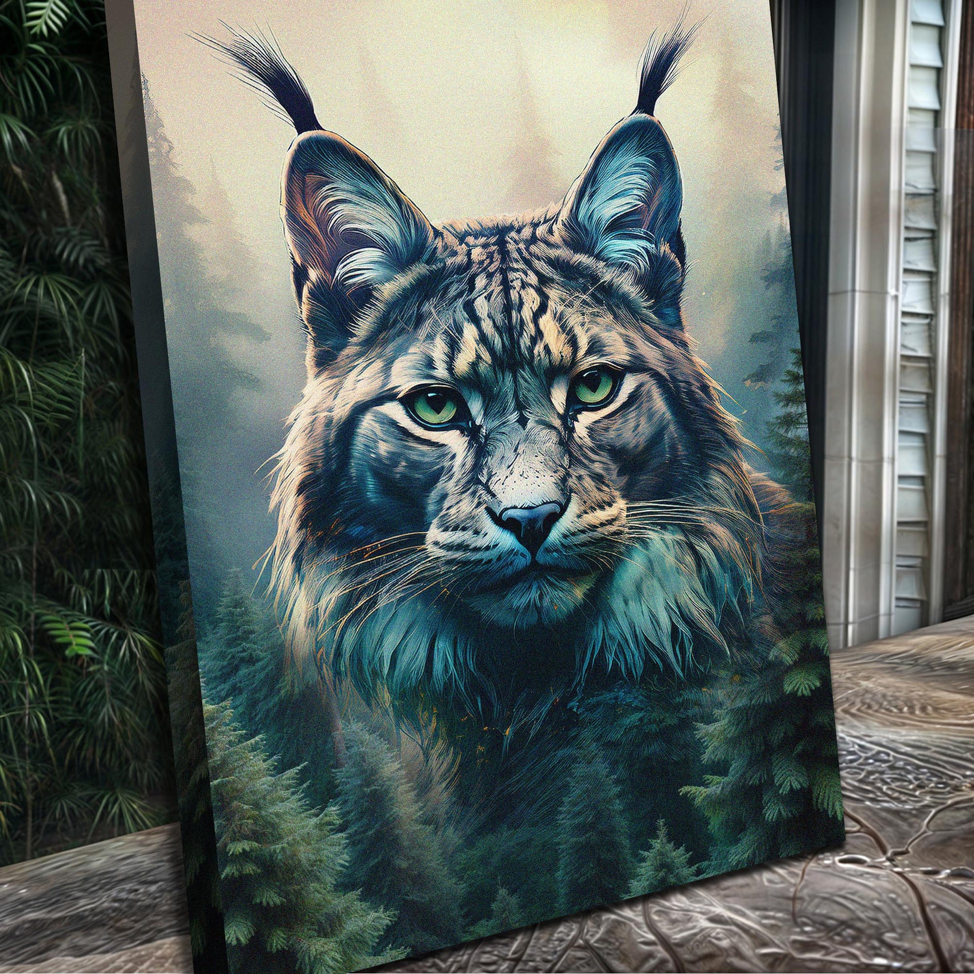 Lynx Double Exposure Wall Art Canvas featuring teal-blue fur and vivid green eyes on Tampa Home & Garden Store