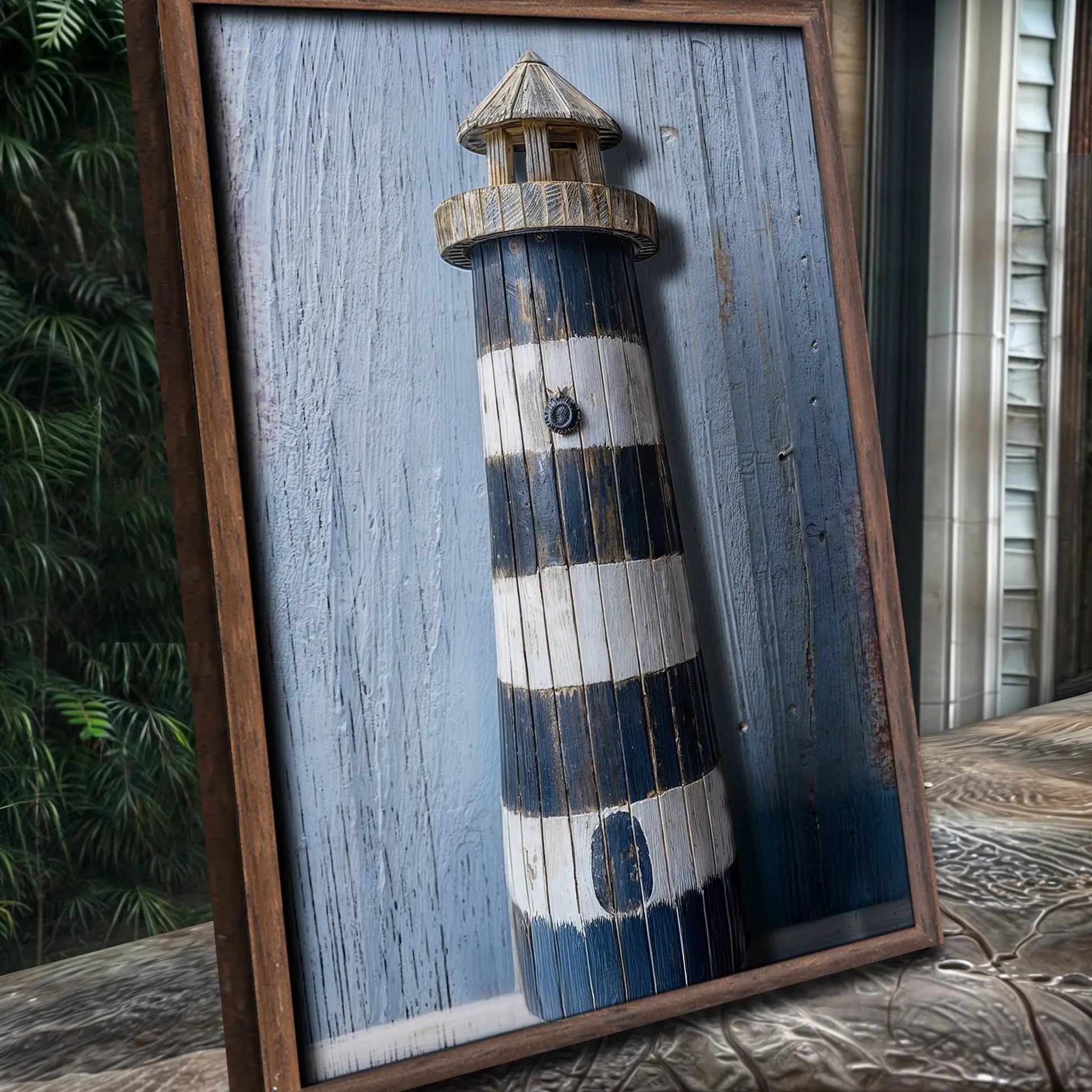 Wooden Lighthouse Coastal Wall Art canvas by Tailored Canvases, framed on weathered blue planks on Tampa Home & Garden Store