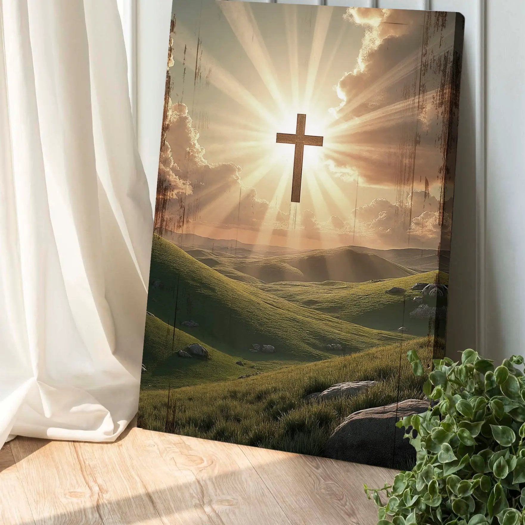 Amazing Grace Wall Sign canvas from Tailored Canvases featuring a wooden cross and radiant sunrise over rolling hills on Tampa Home & Garden Store