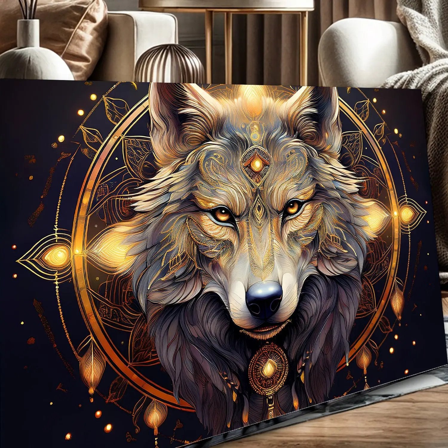 Wolf Head Wall Art canvas by Tailored Canvases with ornate golden geometric halo design on Tampa Home & Garden Store