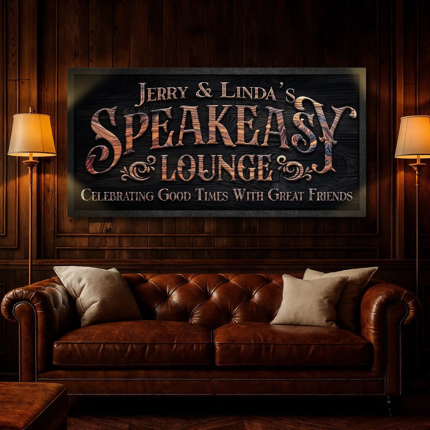 Speakeasy Lounge Wall Sign canvas with black background and copper lettering on Tampa Home & Garden Store