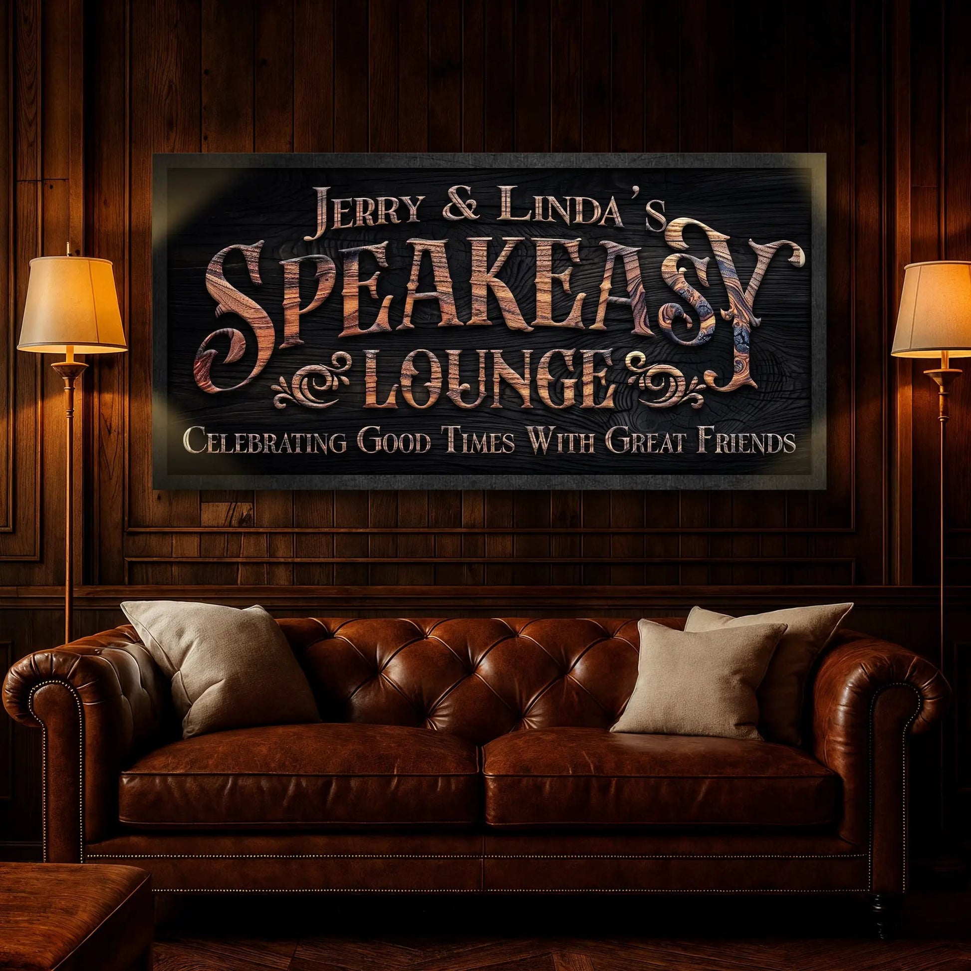 Speakeasy Lounge Wall Sign canvas with black background and copper lettering on Tampa Home & Garden Store