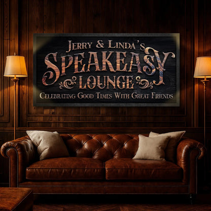 Speakeasy Lounge Wall Sign canvas with black background and copper lettering on Tampa Home & Garden Store