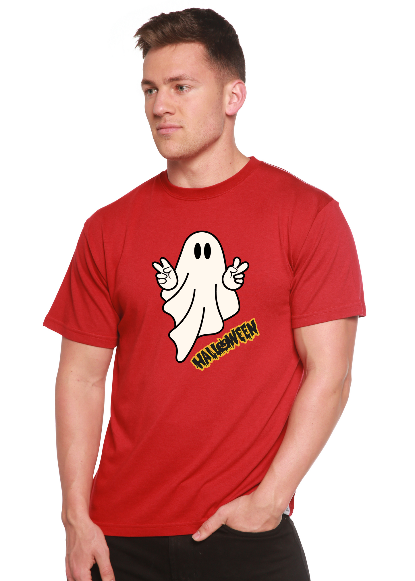 Halloween ghost unisex red graphic T-shirt by Spun Bamboo bamboo blend short sleeve on Tampa Home & Garden Store