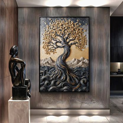 Golden Tree of Life minimalist canvas wall art by Tailored Canvases with gold leaf accents on Tampa Home & Garden Store