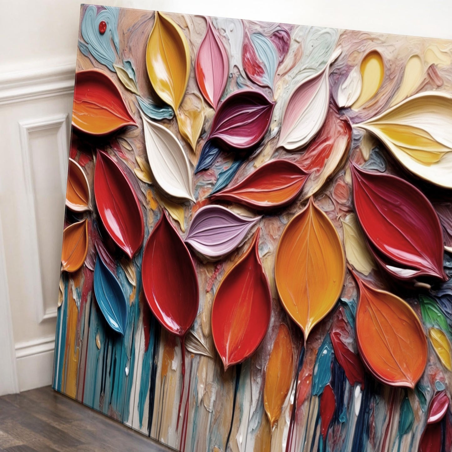 Autumn Rain Wall Art canvas by Tailored Canvases featuring vibrant layered leaf shapes on Tampa Home & Garden Store
