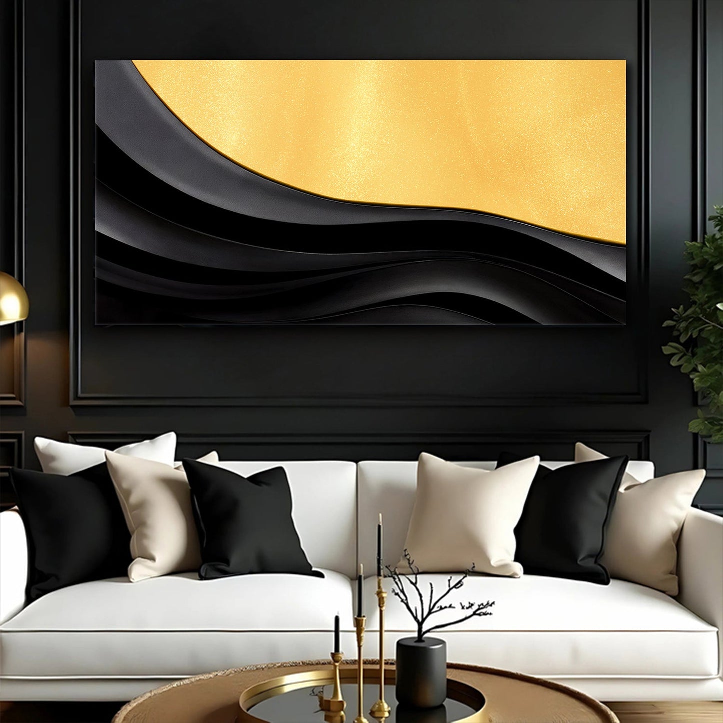 Black And Gold Minimalist Abstract VIII canvas by Tailored Canvases; gold top with black curves on Tampa Home & Garden Store