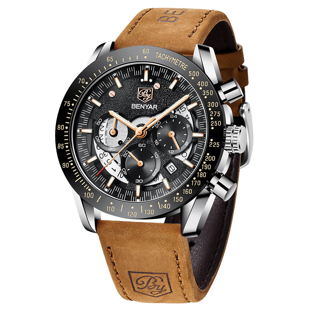 ST12LUX35 Stevvex men's chronograph watch with brown leather strap and tachymeter bezel on Tampa Home & Garden Store