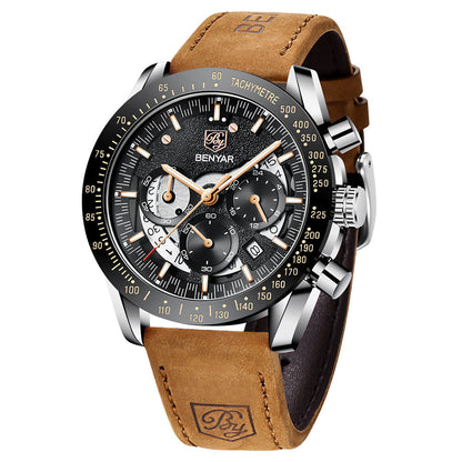 ST12LUX35 Stevvex men's chronograph watch with brown leather strap and tachymeter bezel on Tampa Home & Garden Store