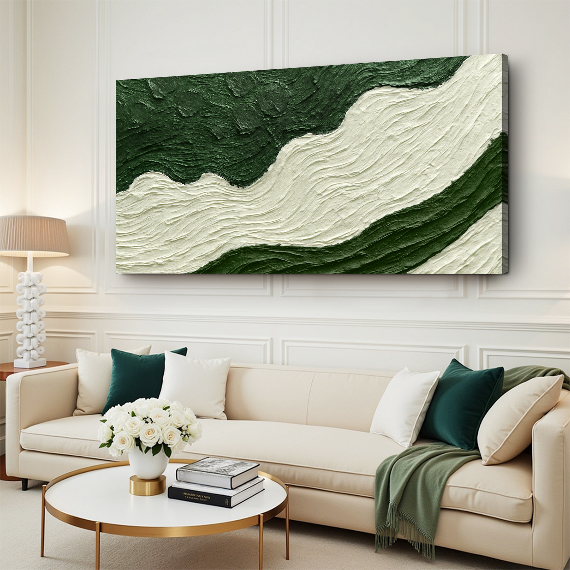 Green Rivers Abstract Wall Art VII canvas with green ivory swirls in a modern living room on Tampa Home & Garden Store