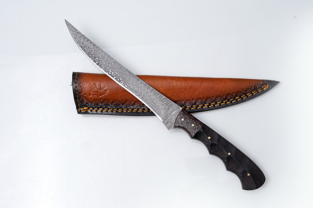 Titan International Damascus fillet knife with honeycomb blade and dark wood handle TK-446 on Tampa Home & Garden Store