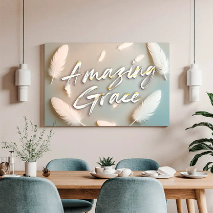 Amazing Grace Wall Sign canvas by Tailored Canvases with gradient background and feathers on Tampa Home & Garden Store