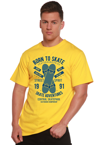 Born To Skate men's short sleeve graphic tee in yellow with skateboard print by Spun Bamboo on Tampa Home & Garden Store