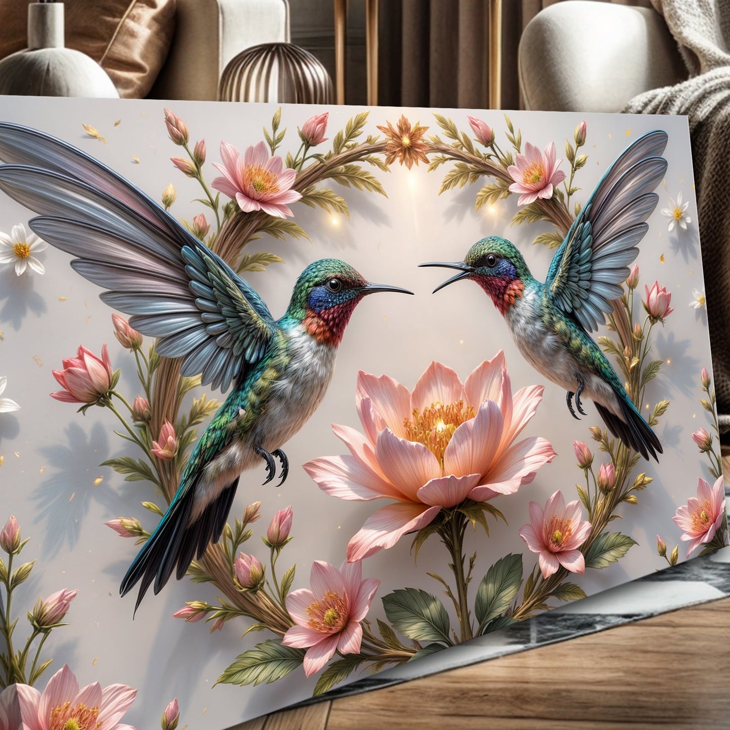 3D Hummingbirds Wall Art VI canvas by Tailored Canvases, teal hummingbirds with pink blooms on Tampa Home & Garden Store