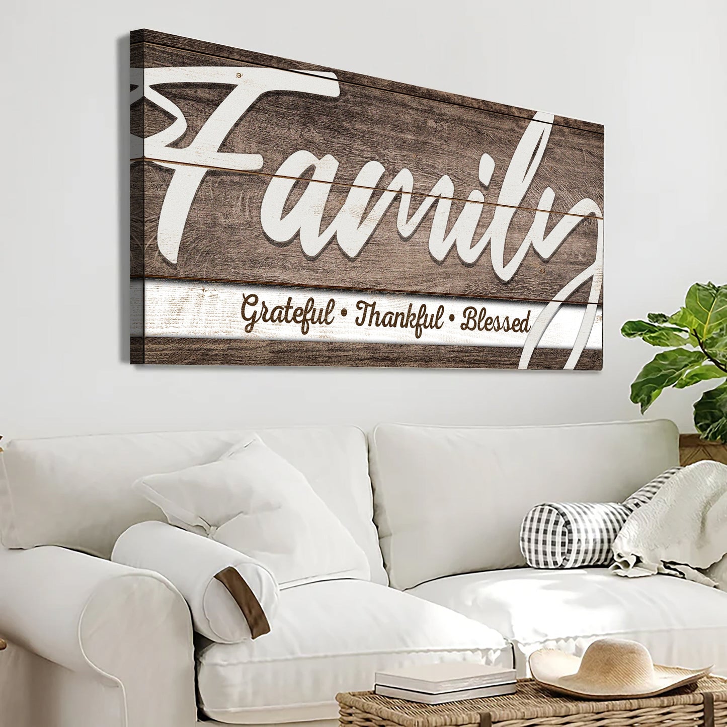 Grateful Thankful Blessed Family Sign III canvas with rustic wood backdrop by Tailored Canvases on Tampa Home & Garden Store