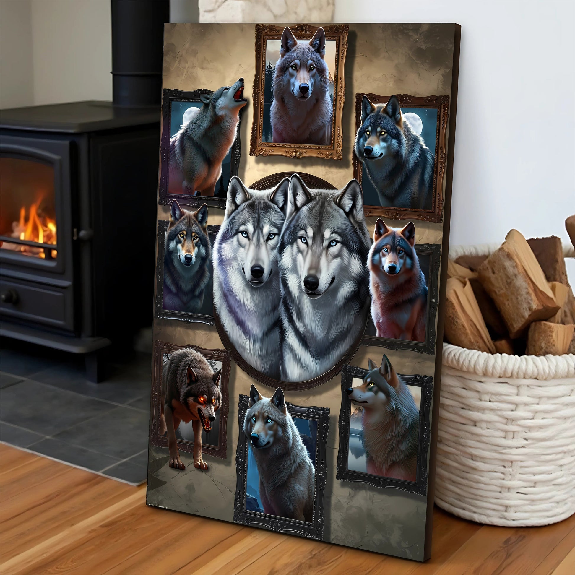 3D Wolf Collage Canvas by Tailored Canvases with ornate framed panels and gray wolves on Tampa Home & Garden Store