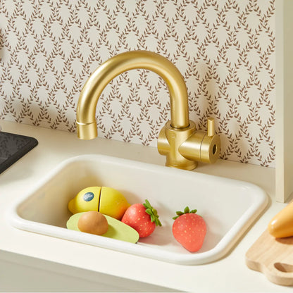 Tiny Land PopJoy Play Kitchen gold faucet and sink with toy fruit in basin on Tampa Home & Garden Store