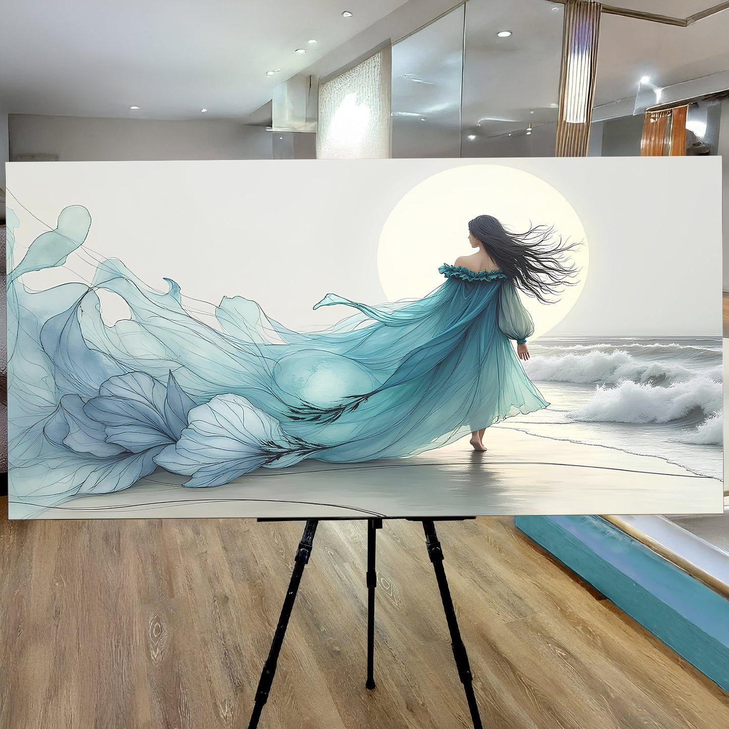 Swirling Winds by Ocean abstract canvas with teal gown and flowing blue fabric sun backdrop on Tampa Home & Garden Store