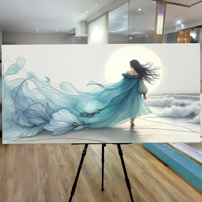 Swirling Winds by Ocean abstract canvas with teal gown and flowing blue fabric sun backdrop on Tampa Home & Garden Store