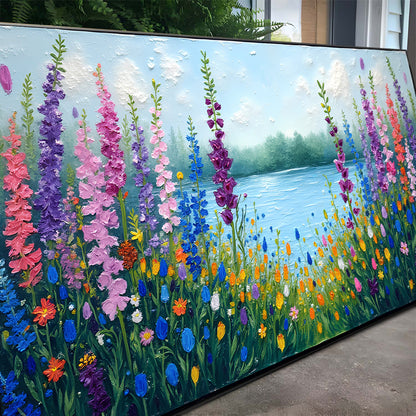Alphine Meadow Wall Art canvas by Tailored Canvases with colorful wildflowers in a blue meadow on Tampa Home & Garden Store