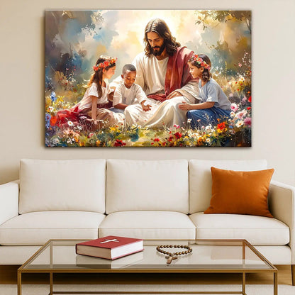 Canvas: Jesus With Children Faith Wall Art IX Tailored Canvases, Jesus and children among flowers on Tampa Home & Garden Store