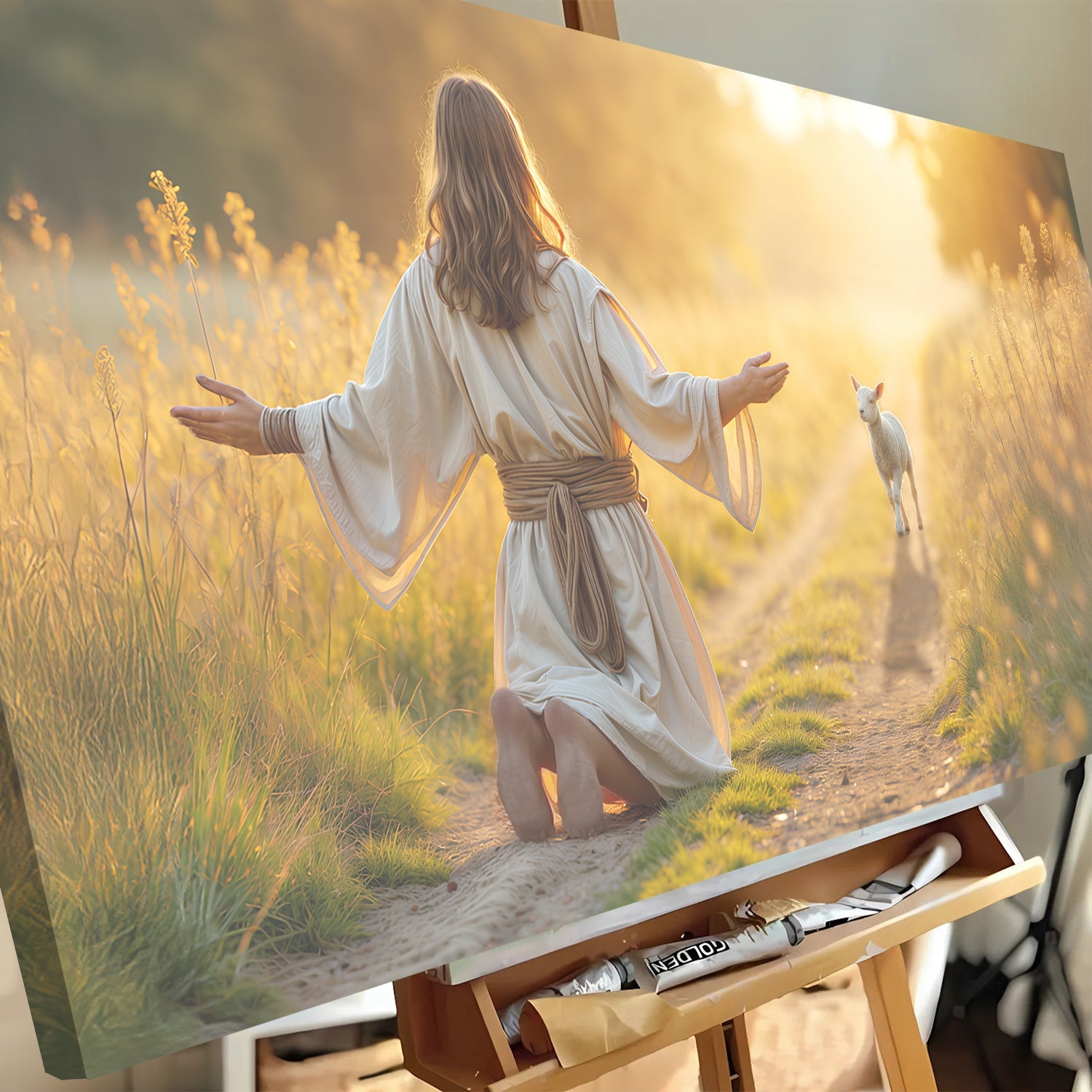 Canvas wall art Jesus Protects The Lamb Faith Wall Art IX robed figure with lamb in sunlit field on Tampa Home & Garden Store