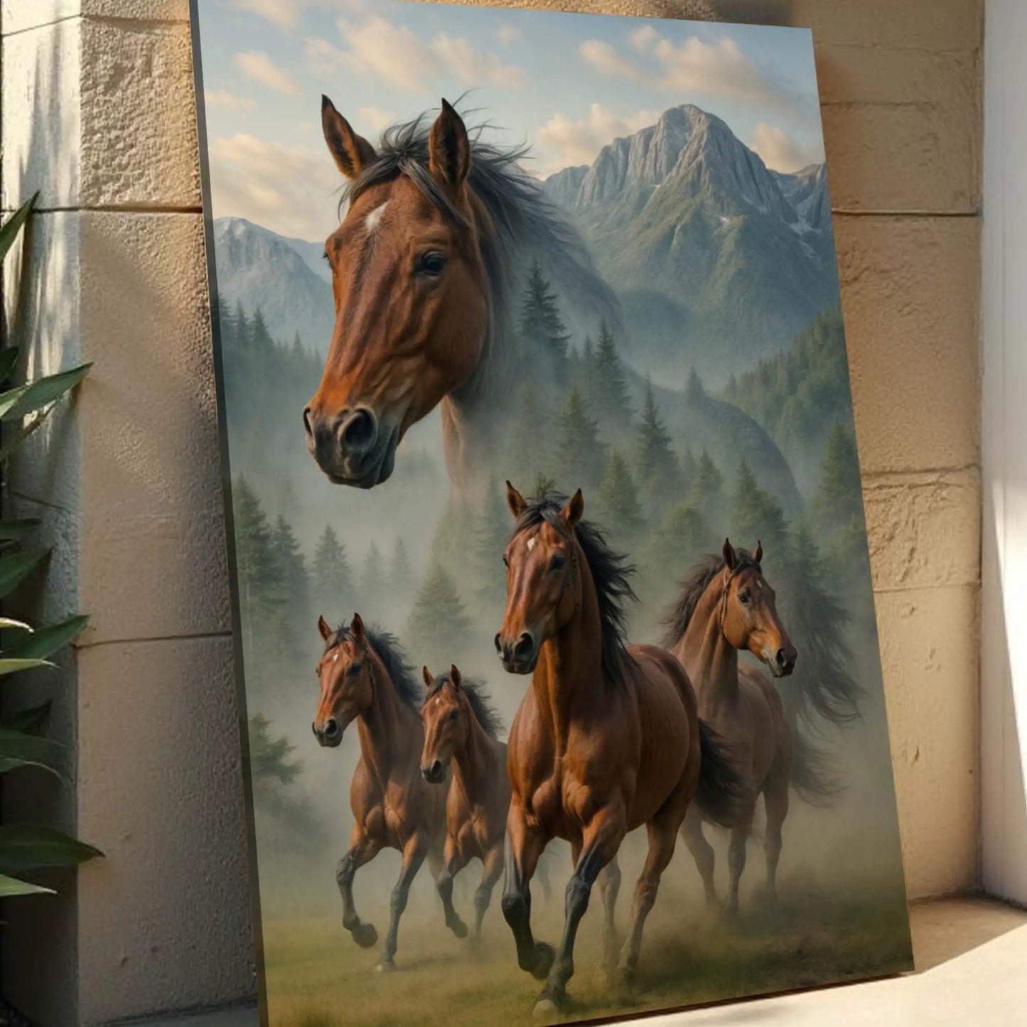Galloping horse double exposure canvas by Tailored Canvases with brown horses in mountains on Tampa Home & Garden Store