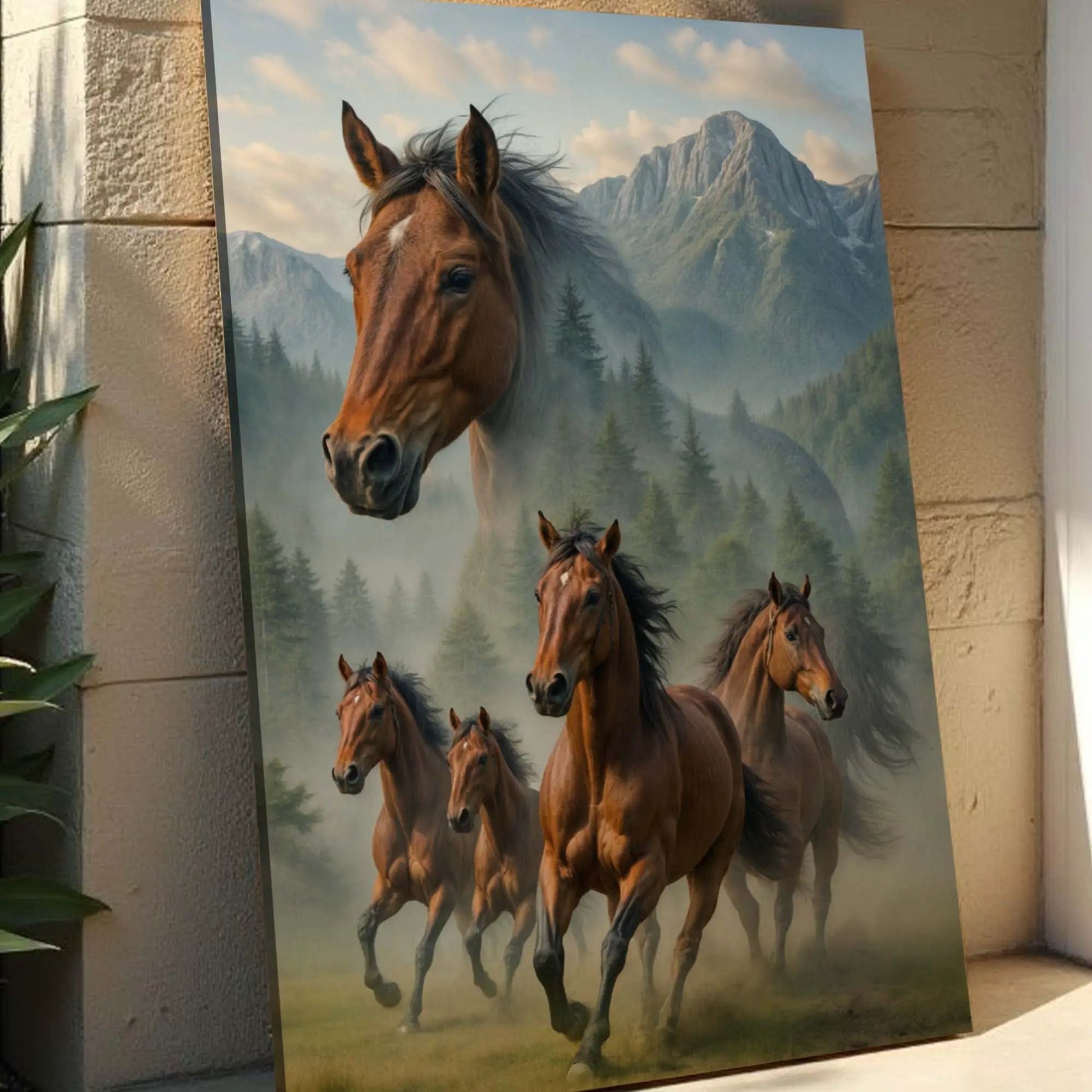 Galloping horse double exposure canvas by Tailored Canvases with brown horses in mountains on Tampa Home & Garden Store