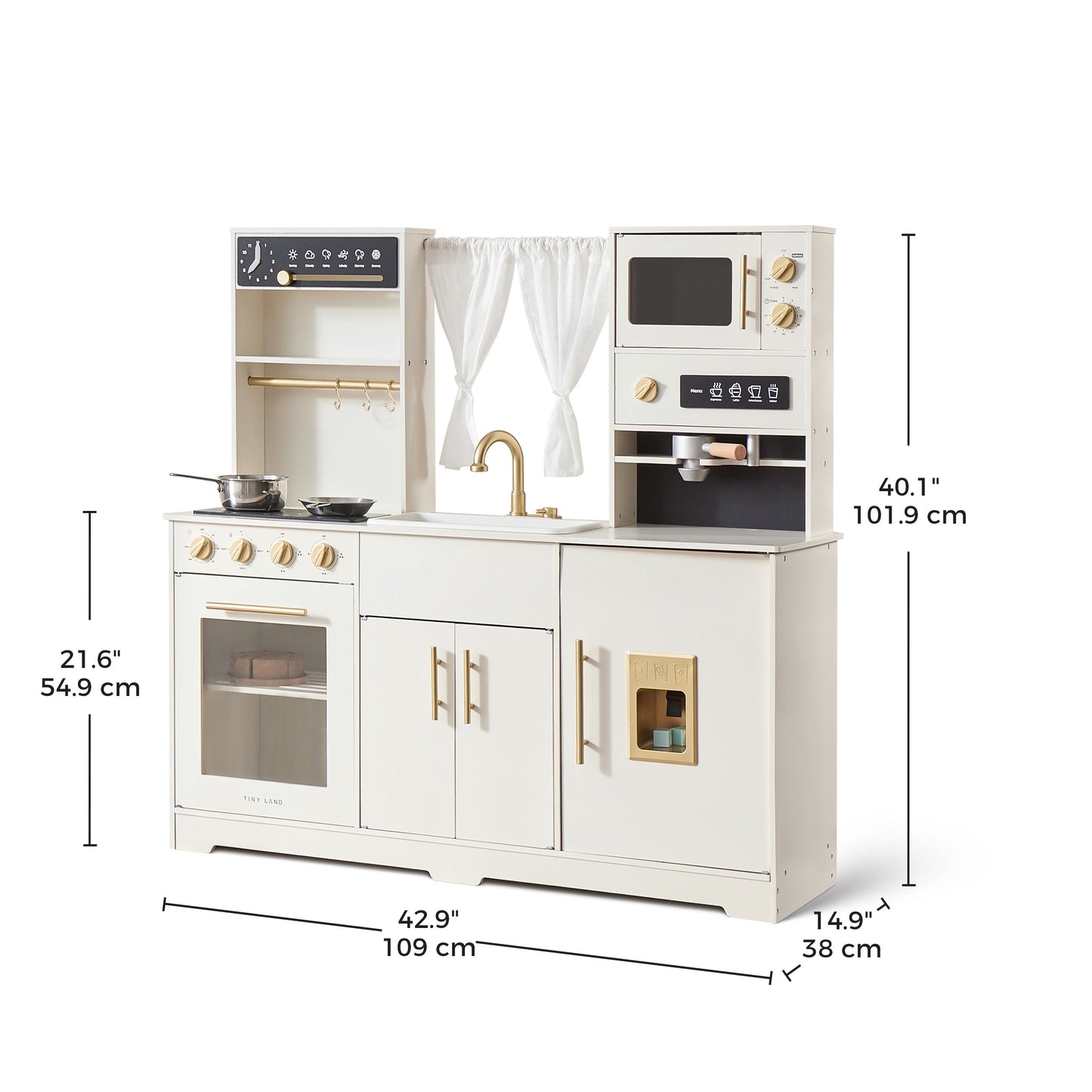 Tiny Land play kitchen with running water in cream aqua; stove, oven, sink with brass faucet on Tampa Home & Garden Store
