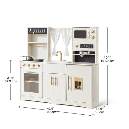 Tiny Land play kitchen with running water in cream aqua; stove, oven, sink with brass faucet on Tampa Home & Garden Store