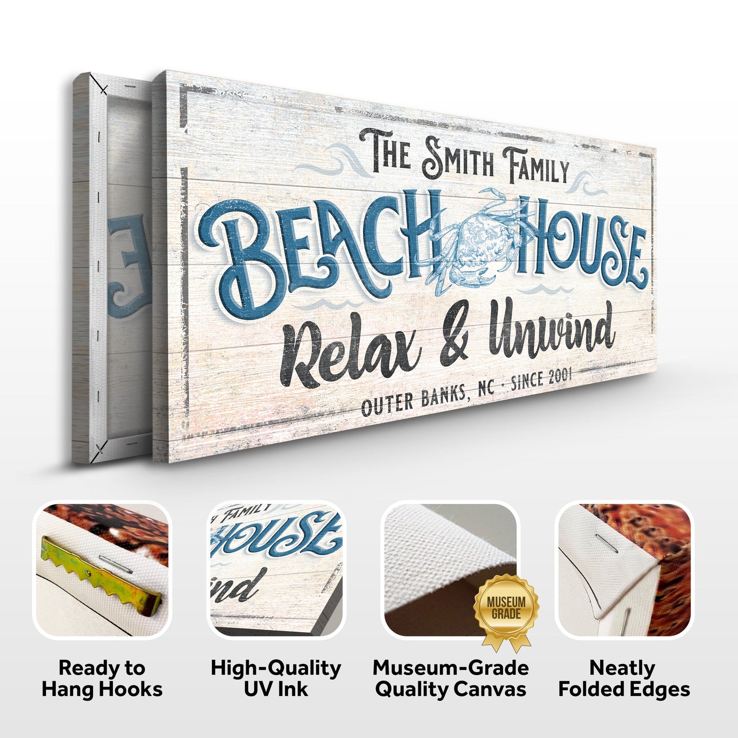 Beach House Sign IV canvas with weathered wood texture and blue lettering Tailored Canvases on Tampa Home & Garden Store