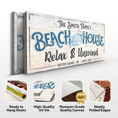 Beach House Sign IV canvas with weathered wood texture and blue lettering Tailored Canvases on Tampa Home & Garden Store