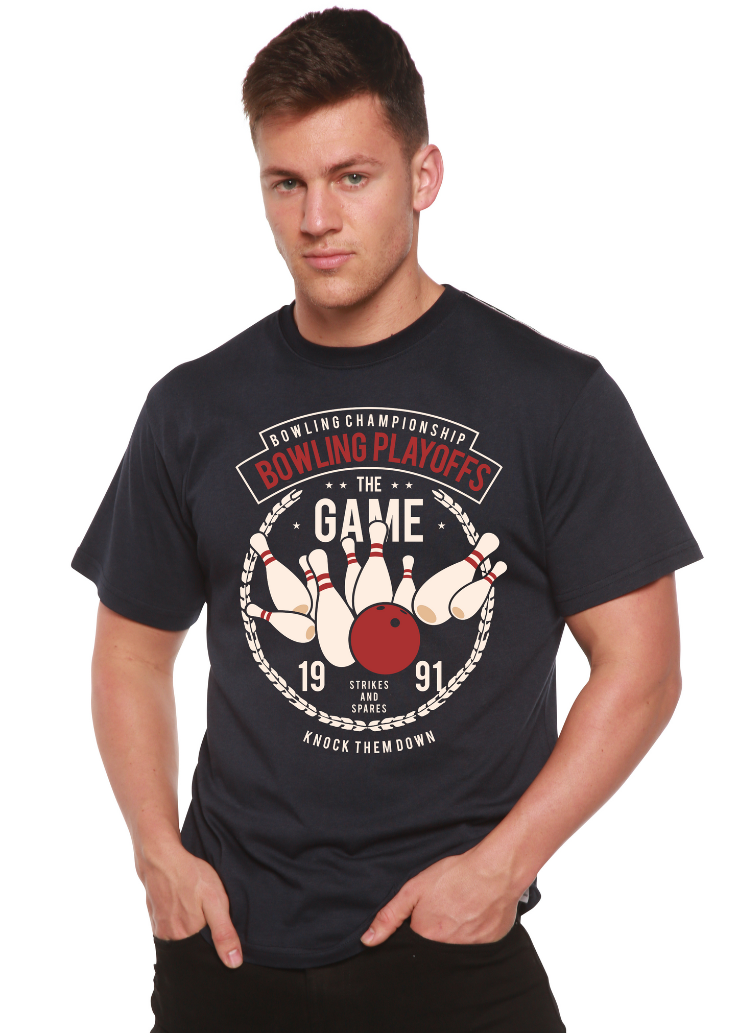 Bowling Playoffs men's bamboo viscose organic cotton sleeve graphic tee navy by Spun Bamboo on Tampa Home & Garden Store